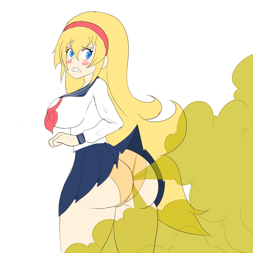 1girls alternate_costume big_ass big_breasts big_butt blonde_hair blue_eyes blush clothing dokidoki!_precure fart fart_cloud fart_fetish farting headband large_breasts looking_back panties precure pretty_cure protorepulsive regina_(dokidoki!_precure) repulsiveproto sailor_uniform seifuku skirt solo_female thick_thighs yellow_panties