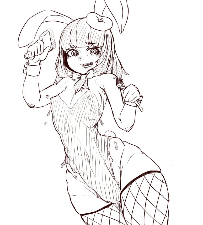 beret breasts bunny_ears bunny_tail bunnysuit danganronpa danganronpa_another exposed_breasts exposed_pussy fanganronpa fishnet_stockings hair_ornament hair_ribbon holding_object medium_hair nervous nijiue_iroha nipples_visible_through_clothing paintbrush painted_clothes pussy sdra2 shirt_cuffs sketch small_breasts smooth_skin super_danganronpa_another_2