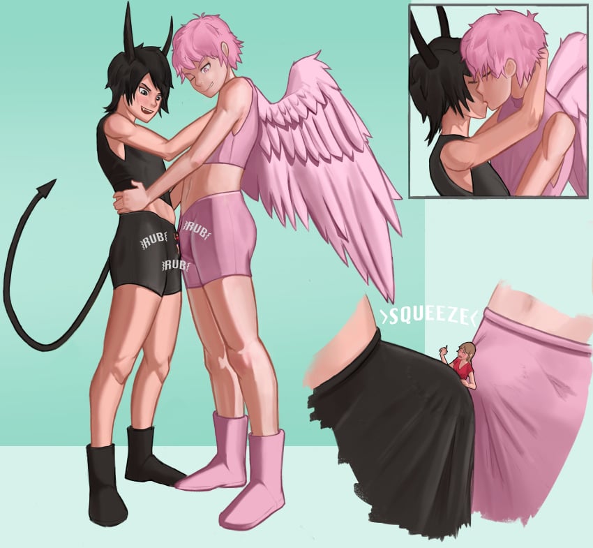 2boys angel_wings bulge clothed clothing devil_horns femboy frottage frottage_through_clothing gay giant giant_femboy giant_male kissing macro male male/male male_only micro perka shrunk shrunken_person simple_background size_difference standing trap yaoi