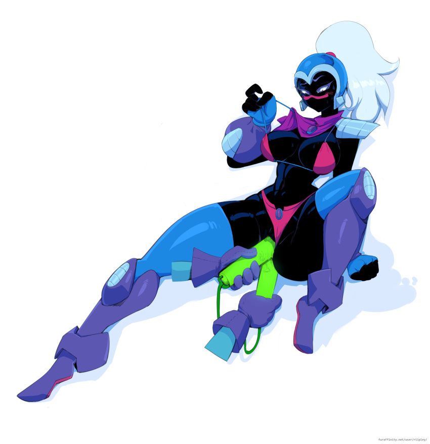 2021 4_fingers abs absurd_res alien armor bikini breasts commission duck_dodgers floating_hands full_body gloves helmet leggings no_humans nunchaku object_insertion penetration pussy queen_tyr'ahnee revealing_clothes riipley white_hair