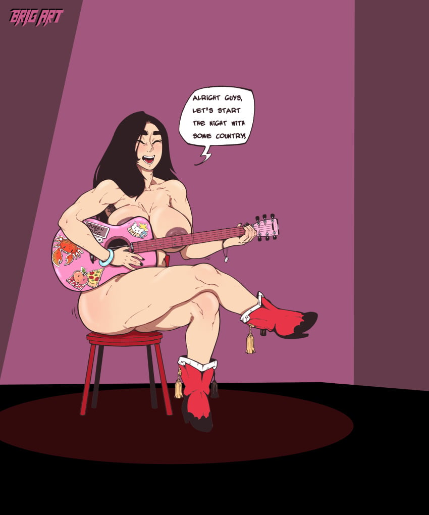 1girls areolae armpit_hair armpits asian asian_female ass black_hair boots bracelet breasts brig_art bubble_butt cowboy_boots female female_only guitar large_breasts long_hair nail_polish nude nude_female nudity pinup pinup_pose speech_bubble tao_long wide_hips