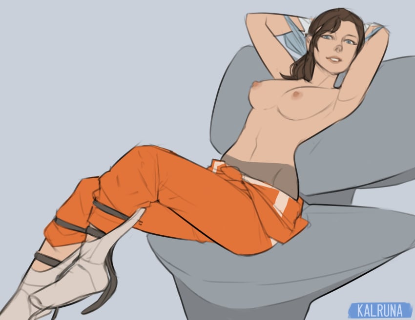 areolae armpits blue_eyes breasts brown_hair chell female female_focus female_only hands_behind_head kalruna leaning_back medium_breasts nipples ponytail portal_(series) portal_2 sexy_armpits sitting sitting_on_chair sketch skinny solo valve_(company)