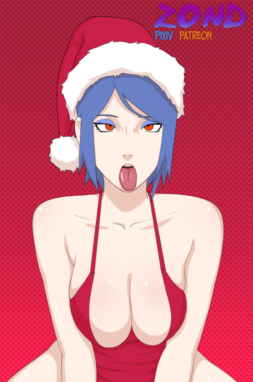 1girls ahe_gao akatsuki_(naruto) bare_arms bare_legs bare_shoulders big_breasts blue_hair breasts center_opening christmas cleavage collarbone dress eyeliner eyeshadow hat highres huge_breasts konan leaning leaning_forward light-skinned_female light_skin makeup mascara mature mature_female naruto naruto_(series) naruto_shippuden no_bra no_underwear open_mouth orange_eyes paipan pale-skinned_female pale_skin patreon_username pixiv_username red_dress revealing_clothes santa_hat shiny shiny_skin shoulder_length_hair single_girl sleeveless_dress solo solo_focus spread_legs tongue tongue_out upper_body upper_teeth url watermark web_address zond