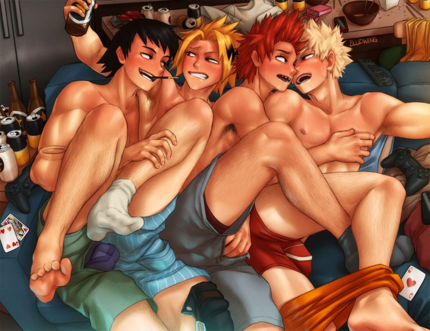 4boys bludwing blue_underwear denki_kaminari eijirou_kirishima gay hanta_sero katsuki_bakugou male male_only my_hero_academia purple_underwear red_underwear spiky_hair underwear yaoi