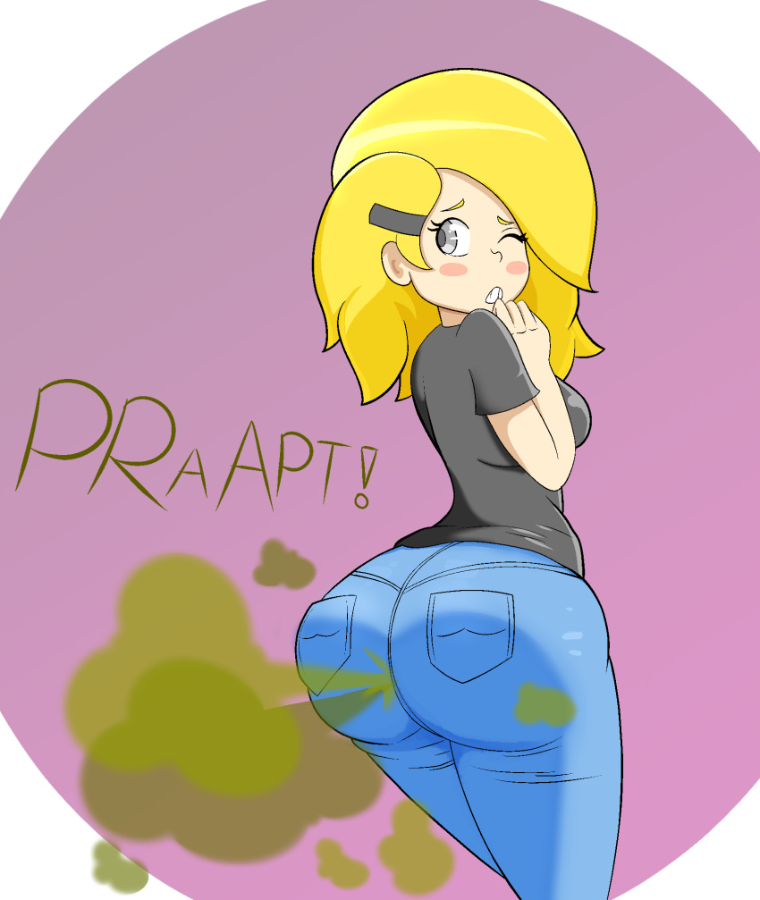 1girls big_ass big_butt big_farting blonde_hair blush embarrassed fart fart_cloud fart_fetish farting farts grey_eyes hairclip jeans looking_back loud_fart oc one_eye_closed original original_character protorepulsive repulsiveproto solo_female thick_thighs tight_jeans yoshizilla