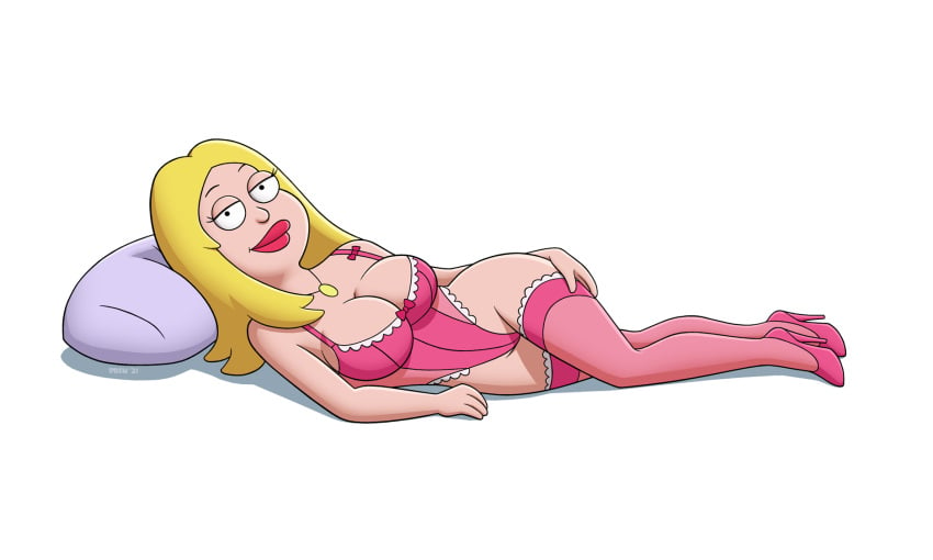 1girls american_dad blank_background blonde_hair clothed clothed_female drew_gardner francine_smith laying_down lingerie milf pillow pink_socks seductive socks thigh_socks thighhighs