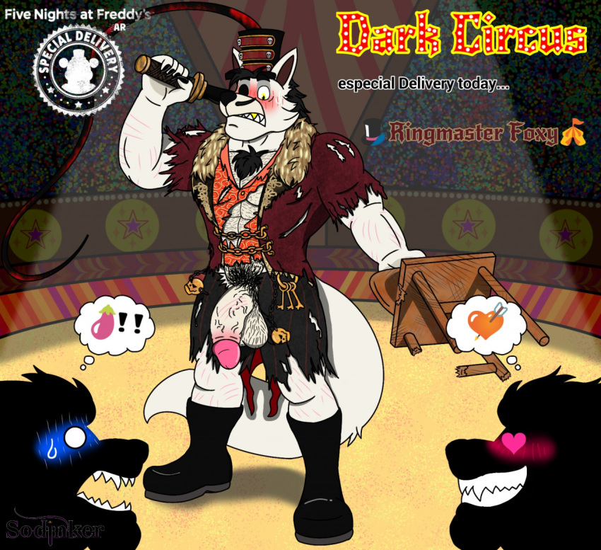 canid canine circuses felid feral five_nights_at_freddy's five_nights_at_freddy's_ar fox foxy_(fnaf) gay group humanoid lion male male/male mammal pantherine public ringmaster_foxy ringmaster_outfit scottgames sondinker_fazbear's stage stage_lights video_games