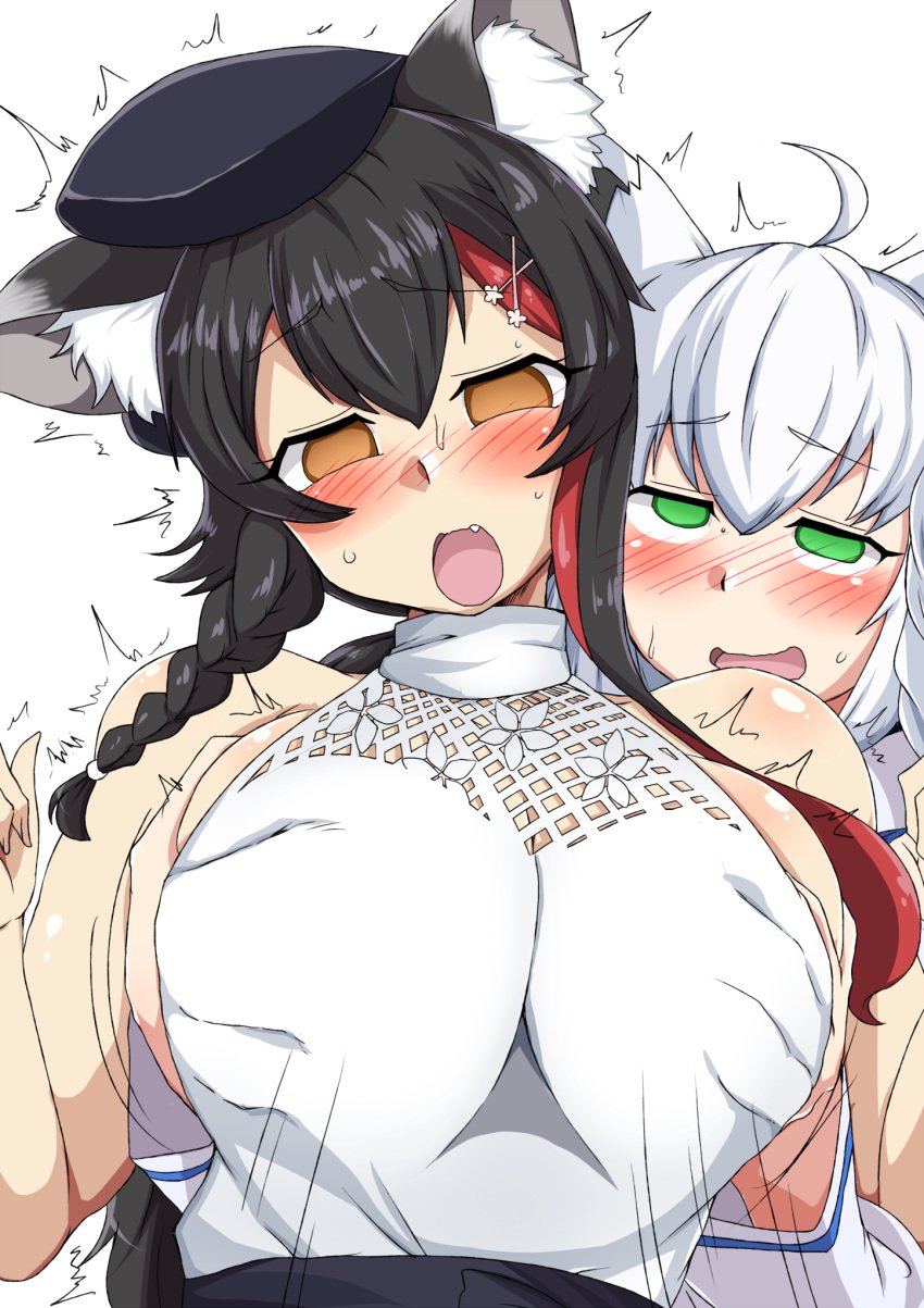 2girls ahe_gao animal_ears big_breasts black_hair blush breast_grab clothed clothing embarrassed female female_only flustered fox fox_ears fox_girl from_behind fully_clothed grope hands_up hololive hololive_gamers hololive_gen_1 hololive_japan humanoid kemonomimi light-skinned_female multiple_girls naughty_face ookami_mio orgasm pale_skin shirakai shirakami_fubuki shy standing suprised suprised_look surprised thighhighs virtual_youtuber white_hair