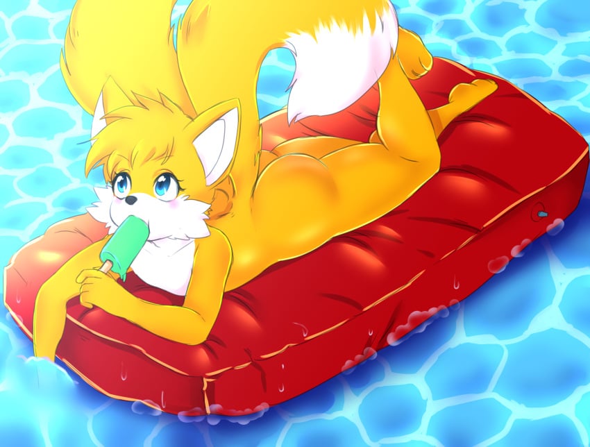 ass blue_eyes blush canid canine fox fur furry furry_only laying_down laying_on_stomach male male_only mammal nude paws popsicle sega solo sonic_(series) swimming_pool tail tails vaini yellow_body yellow_fur yellow_hair