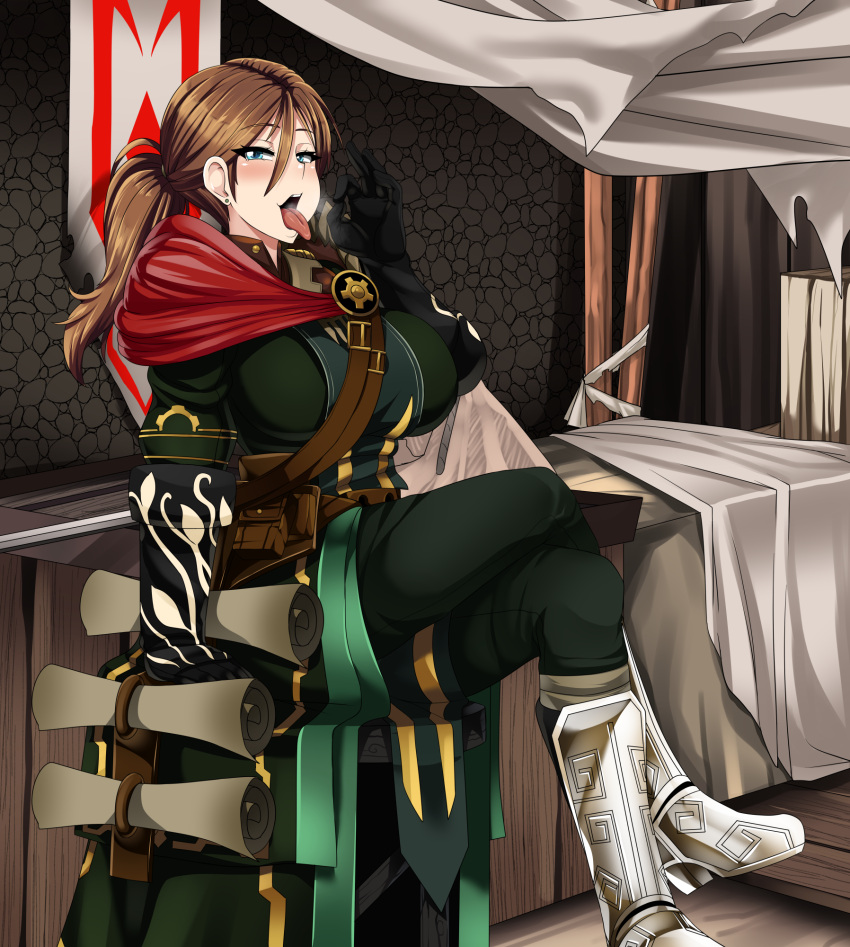 armored_boots belt blue_eyes blush boots breasts breath brown_hair capelet complex_background crimsonhysteria crossed_legs fellatio_gesture female female female_focus flag full_body fully_clothed gauntlets grim_dawn hairband huge_breasts imminent_oral insignia korinia large_breasts legs looking_at_viewer naughty_face nightmare-doom open_mouth oral_invitation ponytail pouch pov scroll shoulder_pads sitting thighs tied_hair tongue tongue_out uniform