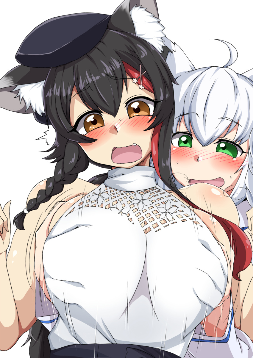 2girls ahe_gao animal_ears big_breasts black_hair blush breast_grab clothed clothing embarrassed female female_only flustered fox fox_ears fox_girl from_behind fully_clothed grope hands_up hololive hololive_gamers hololive_gen_1 hololive_japan humanoid kemonomimi light-skinned_female multiple_girls naughty_face ookami_mio pale_skin shirakai shirakami_fubuki shy standing suprised suprised_look surprised thighhighs virtual_youtuber white_hair