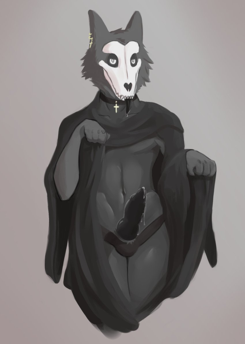 1boy andr0ch anthro black_body black_fur bodily_fluids bone canid choker clothing dripping ear_piercing ear_ring fur genital_fluids hi_res jewelry looking_at_viewer male male_only male_scp-1471 mammal necklace nun nun_outfit piercing precum precum_drip presenting robe saliva saliva_on_tongue scp-1471 scp-1471-a scp_foundation simple_background skull solo tongue tongue_out