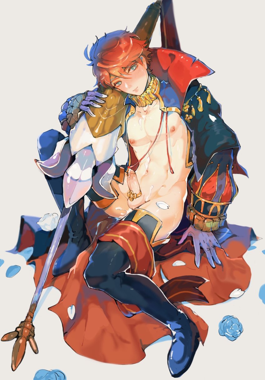 1boy armor blue_eyes boots byebyefrog cloak cock_ring cum cum_on_body eliwood_(fire_emblem) erection fire_emblem fire_emblem:_the_blazing_blade highres lance looking_at_viewer male_focus navel nintendo nipples penis polearm red_hair revealing_clothes sex_toy solo solo_male testicles thigh_boots thighhighs weapon