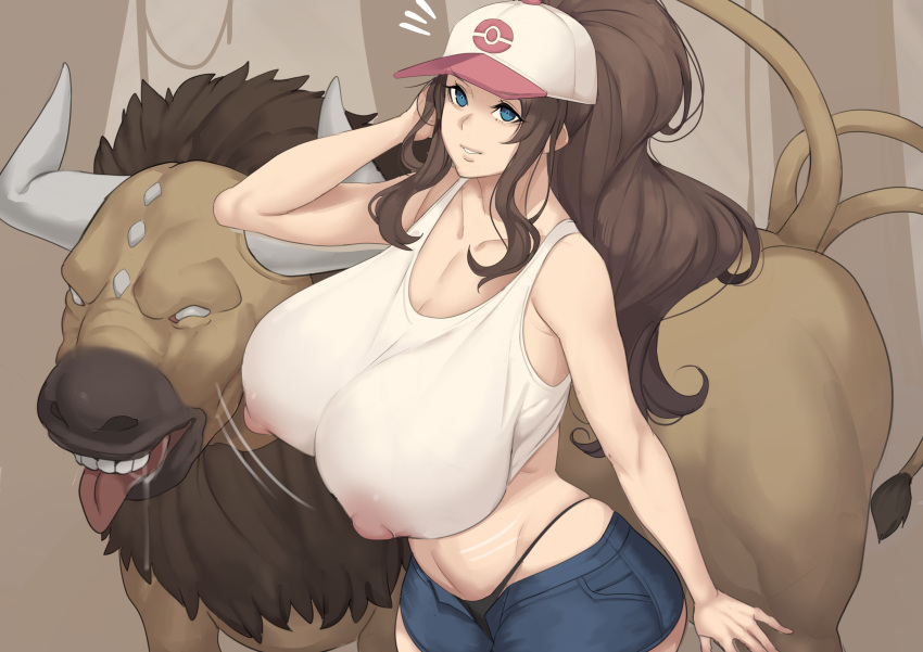 1boy 1girls 1pokemon 2021 alternate_breast_size black_panties blue_eyes booty_shorts breasts brown_hair erect_nipples erect_nipples_under_clothes female hat hi_res hilda_(pokemon) hips huge_breasts human imminent_bestiality imminent_sex interspecies jean_shorts long_hair long_ponytail looking_at_viewer male massive_breasts metal_owl nintendo nipple_bulge nipples nipples_visible_through_clothing pale_skin panties panties_visible pokémon_(species) pokeharlot pokemon pokemon_(species) pokemon_bw ponytail puffy_nipples see-through see-through_clothing short_shorts shorts slim_waist tank_top tauros thick_thighs thighs white_hat white_tank_top wide_hips zoophilia