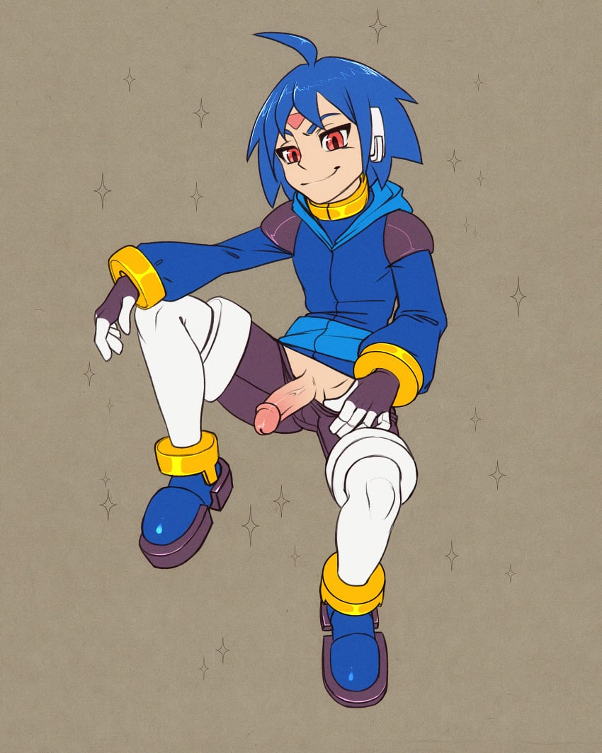 blue_clothing blue_hair capcom dick looking_at_viewer male mega_man mega_man_zx penis red_eyes reploid simple_background thetis_(mega_man) va_art video_games