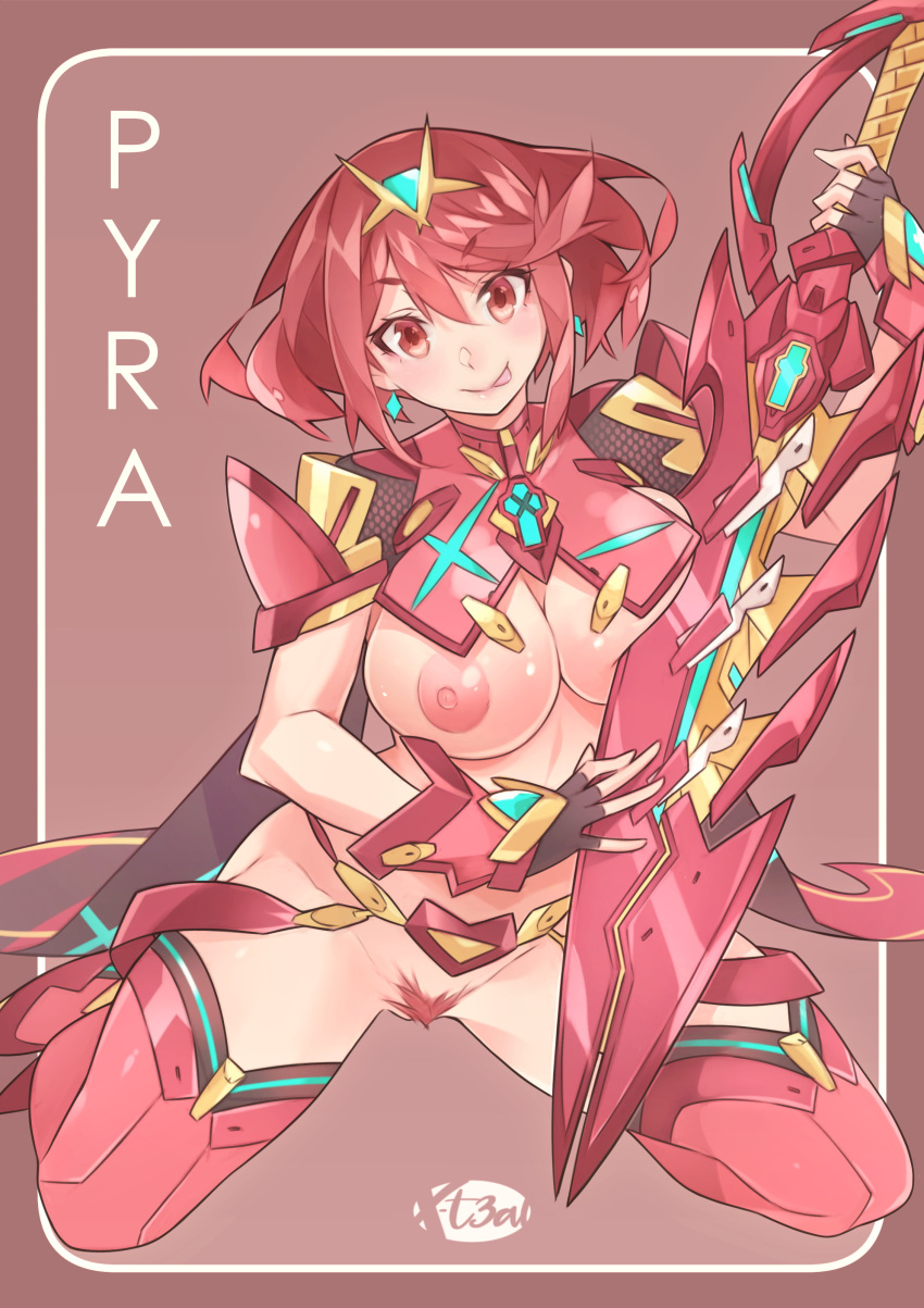 1girls 2021 areolae artist_logo artist_signature blush breasts core_crystal earrings erect_nipples female female_only functionally_nude functionally_nude_female hair_ornament hi_res huge_breasts kneeling large_areolae looking_at_viewer nintendo nipples posing_with_weapon pubic_hair pyra red_background red_eyes red_hair red_pubic_hair short_hair smile suspenders suspenders_hanging sword thick_thighs thighhighs thighs tiara tongue tongue_out weapon x-teal xenoblade_(series) xenoblade_chronicles_2