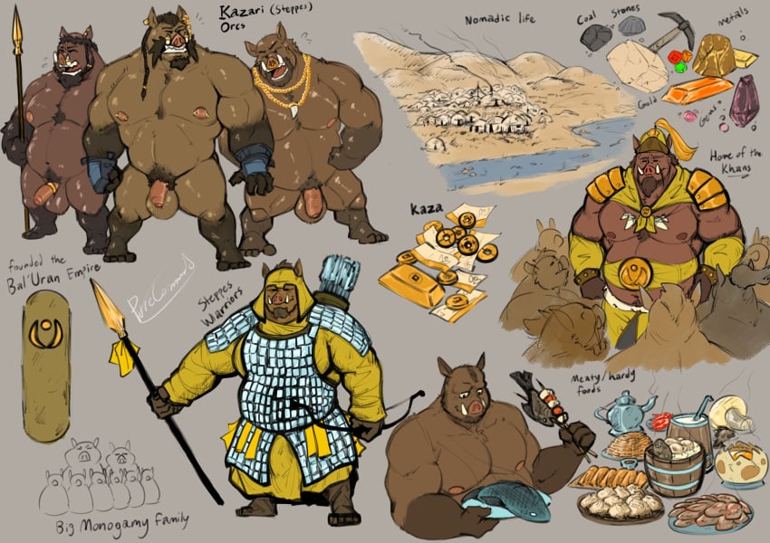 2021 anthro armor balls belly brown_body flaccid food genitals group hi_res humanoid_genitalia humanoid_hands humanoid_penis male male_only mammal moobs musclegut nipples overweight overweight_male penis pure_command suid suina sus_(pig) weapon wild_boar