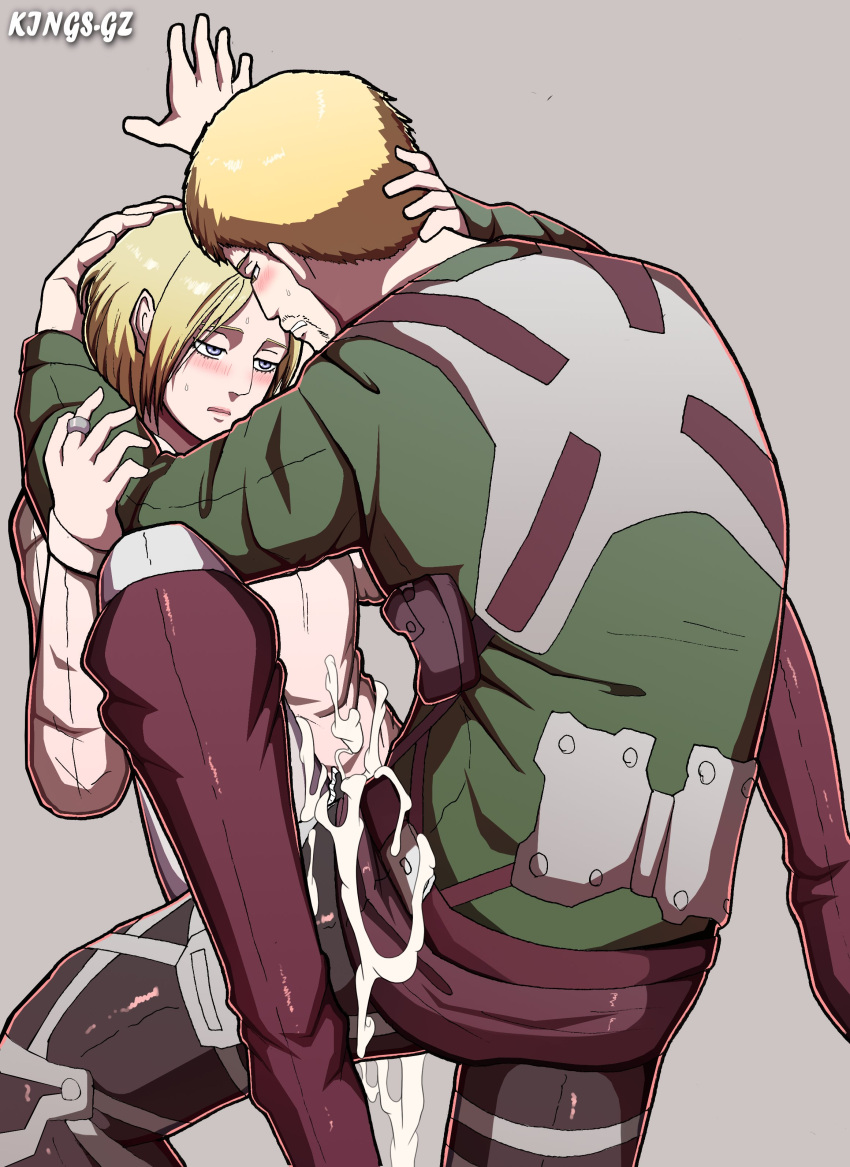 against_wall annie_leonhardt attack_on_titan blonde_hair blue_eyes blush carrying clothed cum cum_in_pussy cum_inside implied_sex implied_vaginal kings-gz medium_hair reiner_braun rough_sex sex shingeki_no_kyojin vaginal_penetration