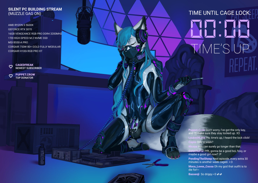 2021 absurd_res anthro bassenji biped black_collar canid canine chastity_cage chastity_device closed_eyes collar computer detailed_background english_text fox headphones hi_res high_heels male mammal microphone muzzle_(object) muzzled pliers screwdriver submissive submissive_anthro submissive_male text tools