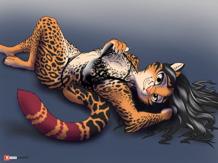 1girls animal_ears anthro black_hair brown_eyes cass_(nekomimiranger) colored_fur felid feline female fur gradient_background hair hand_in_hair hi_res inner_ear_fluff knee_up legs_together leopardus lingerie link6432 long_hair looking_at_viewer mammal nipples ocelot on_back patreon_username smile solo spots spotted_body spotted_fur tail tuft yellow_eyes