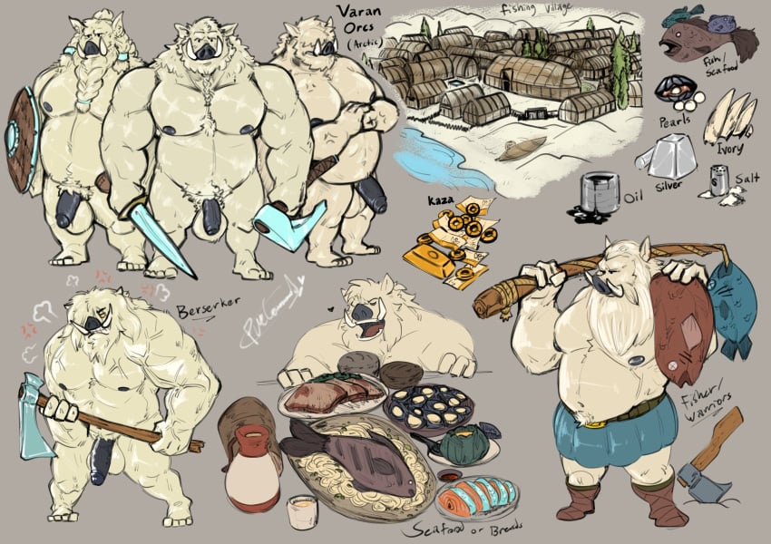 2021 anthro balls bara belly fat flaccid food gay genitals group hi_res humanoid_genitalia humanoid_hands humanoid_penis male male_only mammal melee_weapon moobs musclegut nipples overweight overweight_male penis pure_command shield suid suina sus_(pig) sword weapon white_body wild_boar