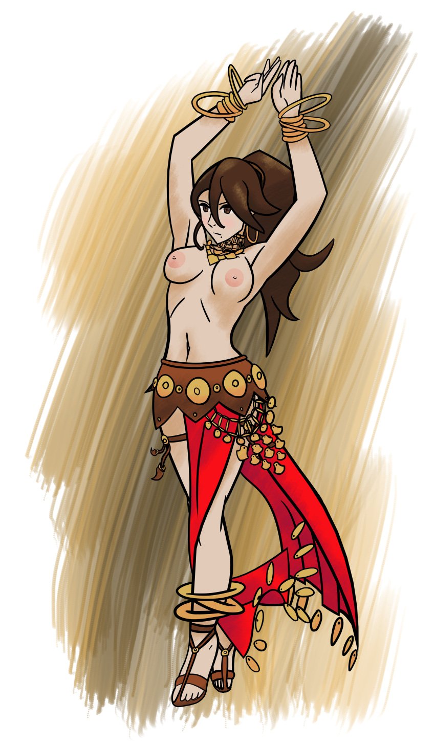 arms_up brown_hair dancer dancing female_only harem_outfit jewelry octopath_traveler primrose_azelhart rusta0 solo square_enix topless topless_female