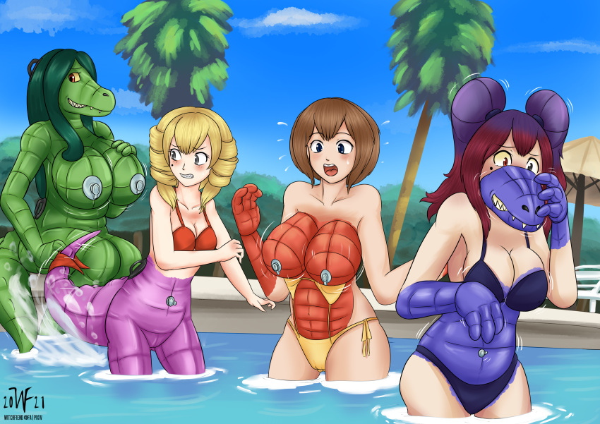 2021 absurd_res aika_(tomlloyd) air_valve animate_inanimate anthro big_breasts bikini bikini_bottom bikini_top blonde_hair blue_body blush breast_expansion breasts brown_hair calista_(tomlloyd) clothing cloud crocodile crocodilian crocodylid day expansion female green_body group hair hand_on_breast handles hi_res human human_to_anthro inflatable lenora_(tomlloyd) living_inflatable looking_back mammal mid_transformation nipple_valve nozzle outside palm_tree pink_body plant red_eyes reptile scalie sitting species_transformation standing surprise swimming_pool swimwear torn_clothing transformation tree valentina_(tomlloyd) witchfiend yellow_sclera