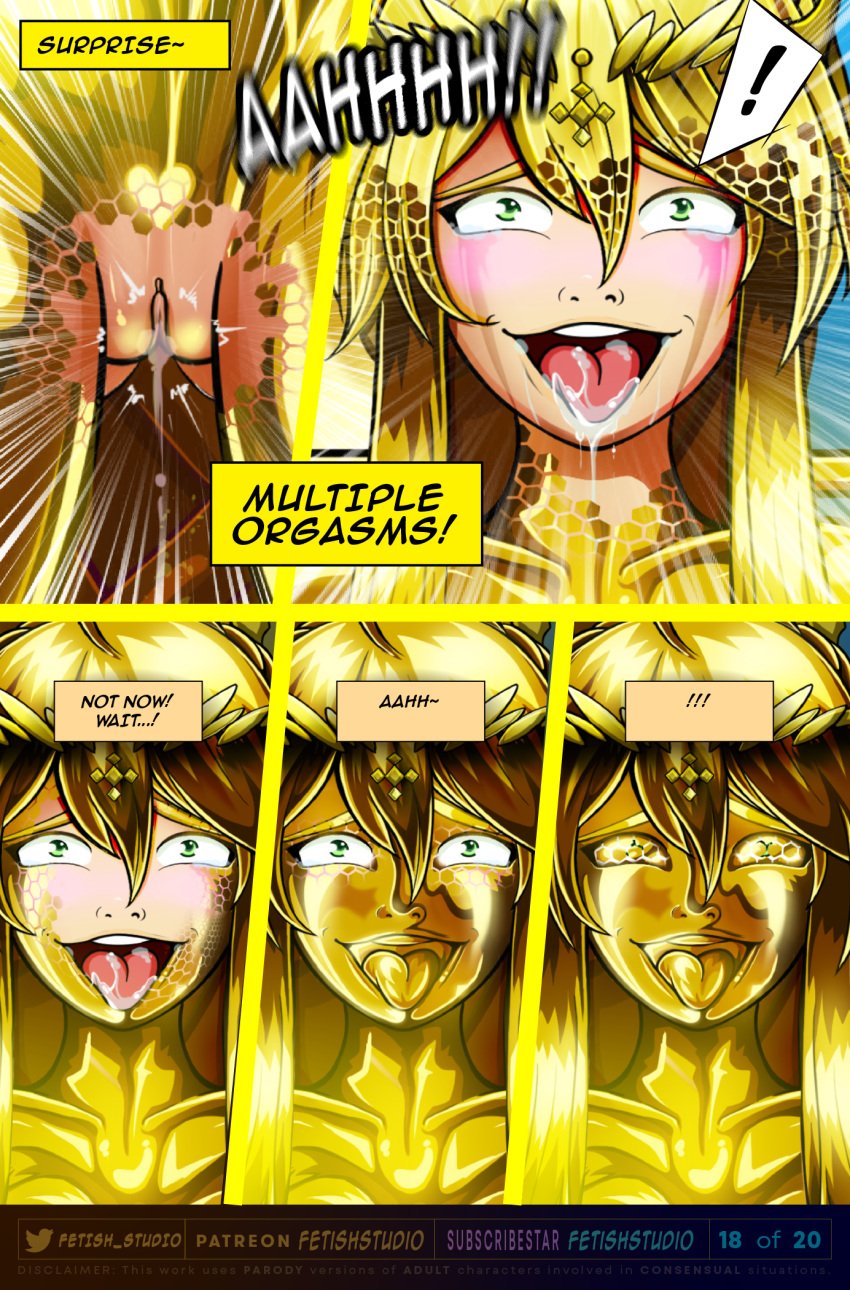 artoria artoria_pendragon_(fate) artoria_pendragon_(lancer) bdsm_gear biological_unit blonde_eyebrows blonde_hair bondage bondage_furniture bondage_gear bondage_outfit comic comic_cover comic_page core_life_unit crown encasement english_text fate/grand_order fate/stay_night fate_(series) female female_focus female_only fetish_studio fetishabyss fetishstudio gold gold_(metal) gold_encasement gold_eyes gold_hair gold_statue golden_eyes golden_hair green_eyes inanimate inanimate_transformation latex latex_bondage latex_encasement latex_suit mineralization page_18 parody parody_comic parody_porn petrification petrified rhongomyniad statue subscribestar_username transformation transformation_sequence