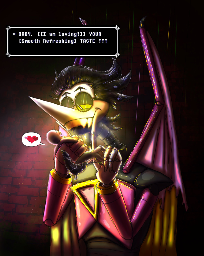 absurd_res alternate_version_at_source ambiguous_gender black_hair black_tongue bodily_fluids brick_wall carrying darkner deltarune detailed_background dialogue_box duo english_text glowing hair heart hi_res human human_on_humanoid humanoid impodicko inside interspecies licking long_tongue looking_at_another looking_pleasured male male/ambiguous mammal micro_in_hand micro_on_macro micro_on_tongue open_mouth oral saliva sex size_difference smaller_ambiguous smaller_human spamton_neo strings text tongue tongue_out tonguejob undertale_(series) video_games wall_(structure) wings