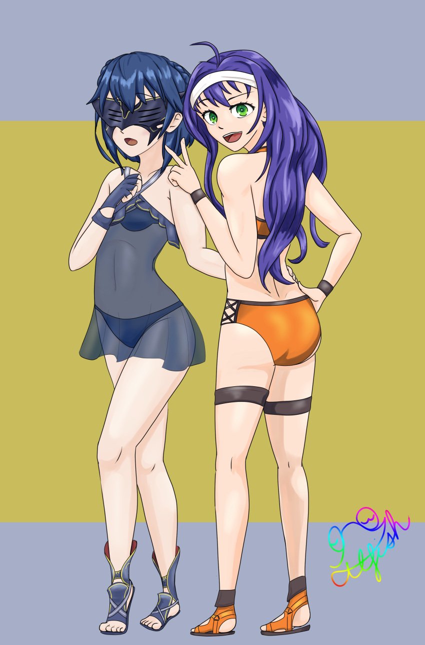 2girls alternate_costume alternate_hairstyle ass back back_view bare_back bare_legs bikini blue_bikini blue_hair blue_swimsuit braid ctl_fish female_only fire_emblem fire_emblem:_path_of_radiance fire_emblem:_radiant_dawn fire_emblem_awakening fire_emblem_heroes green_eyes headband looking_at_viewer lucina_(fire_emblem) lucina_(summer)_(fire_emblem) marth_(fire_emblem_awakening) mask mia_(fire_emblem) mia_(summer)_(fire_emblem) multiple_girls nintendo official_alternate_costume open_mouth orange_bikini orange_swimsuit purple_hair sandals see-through short_hair smile swimsuit v