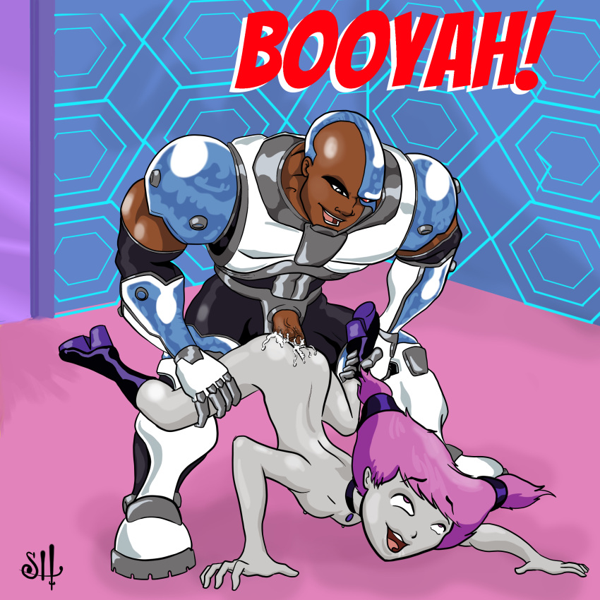 1boy 1boy1girl 1girls big_penis boots boots_only cartoon_network cum cum_inside cybernetics cyborg cyborg_(dc) dark-skinned_male dark_penis dark_skin dc dc_comics female/male female_focus from_behind from_behind_position interracial jinx_(dc) legs_apart legs_grab male/female male_penetrating_female nude nude_female orgasm orgasm_face pale-skinned_female pale_skin pink_eyes pink_hair sealedhelm sex straight teen_titans victor_stone