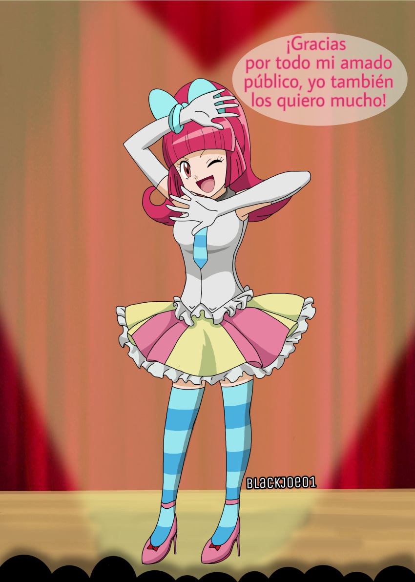 1girls aria_(pokemon) blackjoe01 elle_(pokemon) open_mouth pokemon pokemon_(anime) pokemon_xy pokemon_xy_(anime) showcase_outfit spanish_text wink