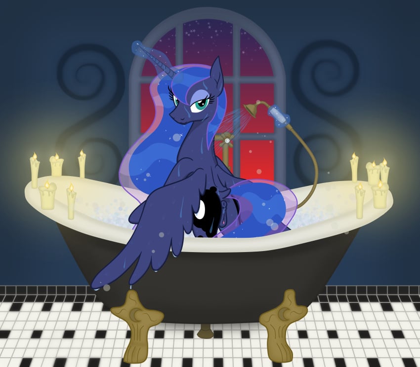 absurd_res alicorn anus ass bath bathroom bathtub bedroom_eyes blue_body blue_fur blue_hair blue_wall camo-pony candle candlelight claw_foot_bathtub clitoral_hood clitoral_winking clitoris dripping_wet equid equine ethereal_hair floor friendship_is_magic fur genitals hair hasbro hi_res horn levitation lidded_eyes light looking_at_viewer looking_back looking_back_at_viewer magic magic_user mammal mega_spark my_little_pony narrowed_eyes partially_submerged princess_luna_(mlp) pussy seductive shower shower_head showering spread_wings standing sunset tile tile_floor twilight water window wings