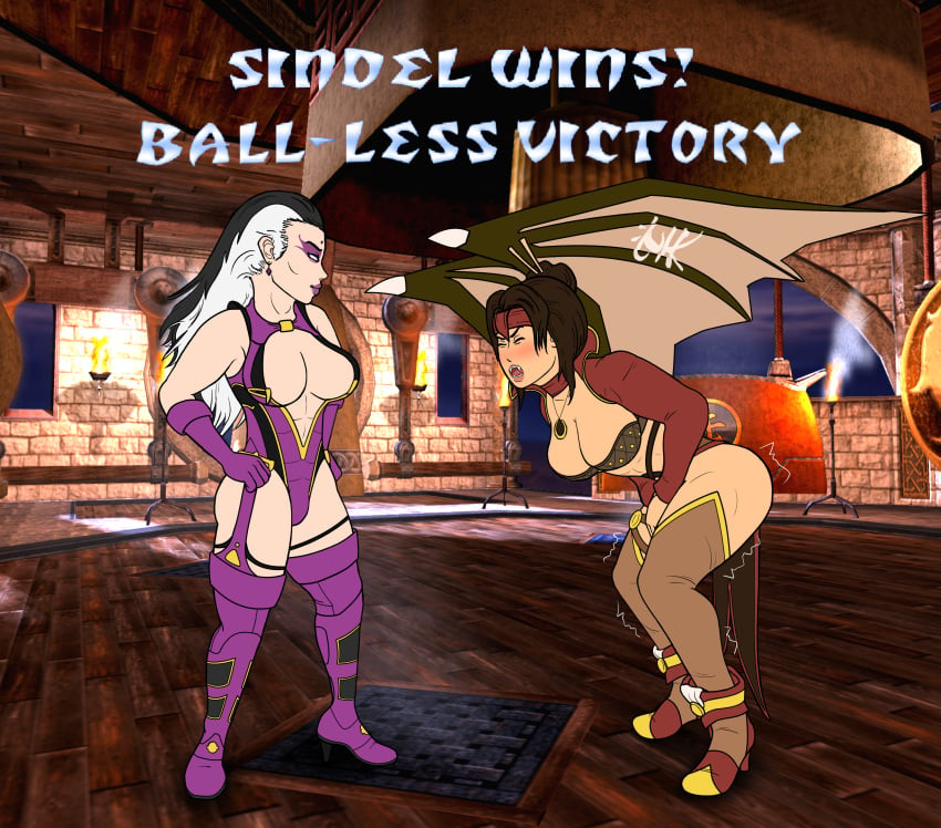 2d 2girls bat_wings big_ass big_breasts brown_hair curvy curvy_female female female_only finish_her finishing_move kicking mortal_kombat mortal_kombat_armageddon multiple_girls nitara prehensile_hair ryona sindel tb_(artist) white_eyes white_hair x-ray