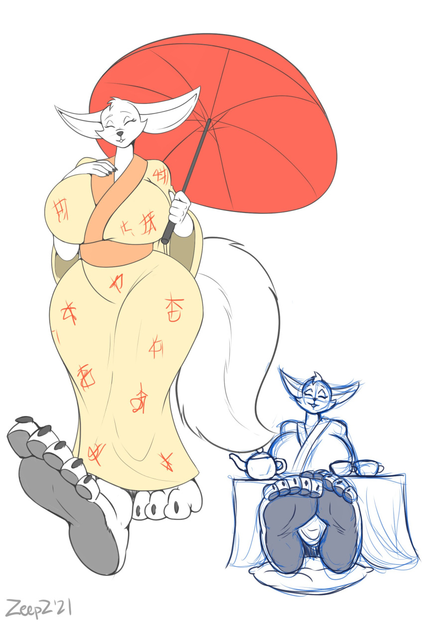 5_toes absurd_res anthro asian_clothing big_breasts breasts canid canine closed_eyes clothing container cup east_asian_clothing feet female fennec foot_focus fox hi_res huge_breasts japanese_clothing kimono kimota mammal sitting soles solo tea_cup tea_pot toes umbrella wide_hips zp92