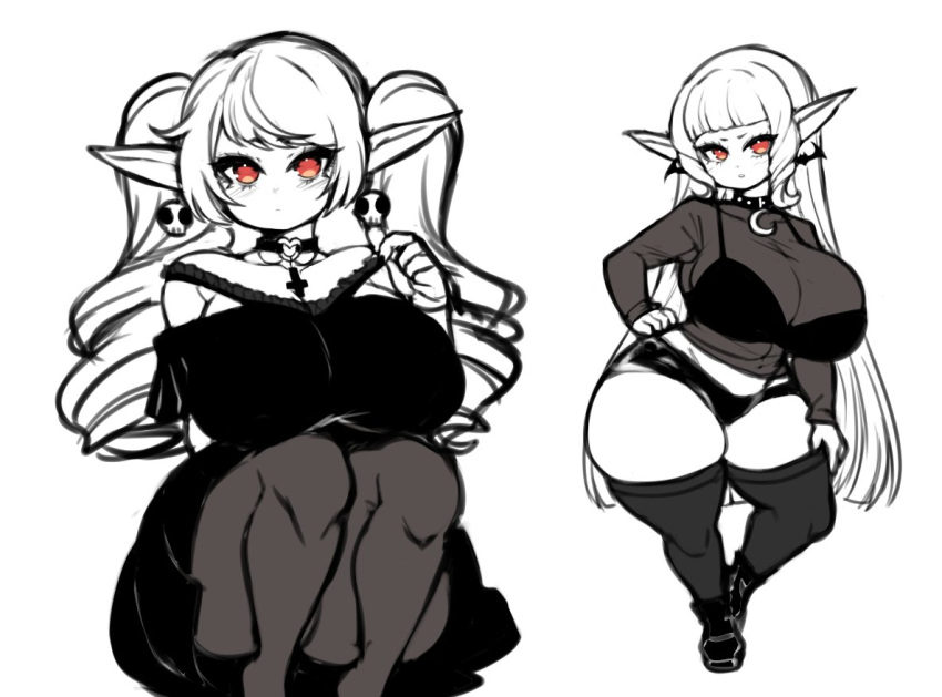 big_breasts breasts choker cleavage earrings female female_focus goth goth_girl jojoniumart long_hair mochi_(jojoniumart) monochrome pointy_ears short_shorts shorts shortstack solo solo_female tagme thick_thighs thighhighs thighs twintails