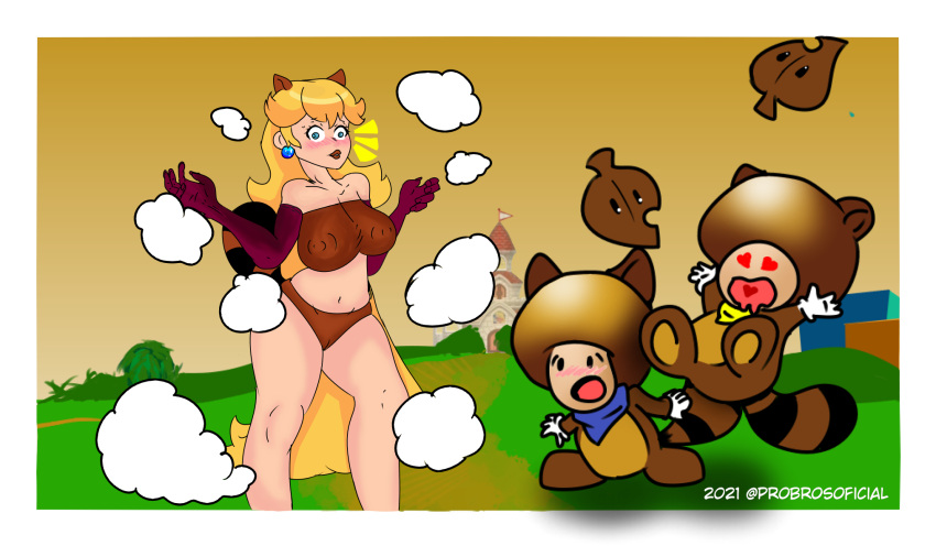 ashamed blush crop_top mario_(series) nintendo princess_peach shocked shocked_expression shocked_eyes strapless_clothing super_mario_3d_land super_mario_3d_world tank_top tanooki_ears tanooki_peach tanooki_suit tanooki_tail tanooki_toad tawagoto_(probros)