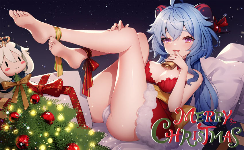 2girls ahoge ankkoyom ass bare_arms bare_shoulders barefoot bell blue_hair breasts cameltoe christmas christmas_tree cleavage commentary cowbell dress feet fur_trim ganyu_(genshin_impact) genshin_impact goat_horns highres horns legs_up long_hair looking_at_viewer low_ponytail medium_breasts merry_christmas multiple_girls open_mouth paimon_(genshin_impact) panties purple_eyes reclining red_dress short_dress sleeveless sleeveless_dress smile snowing thighs underwear white_panties