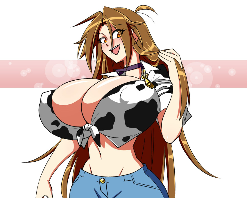 1girls bare_midriff big_breasts brown_eyes brown_hair cleavage cow_print huge_breasts massive_breasts matsu-sensei mattie_(matsu-sensei) nipple_bulge original solo solo_female tagme