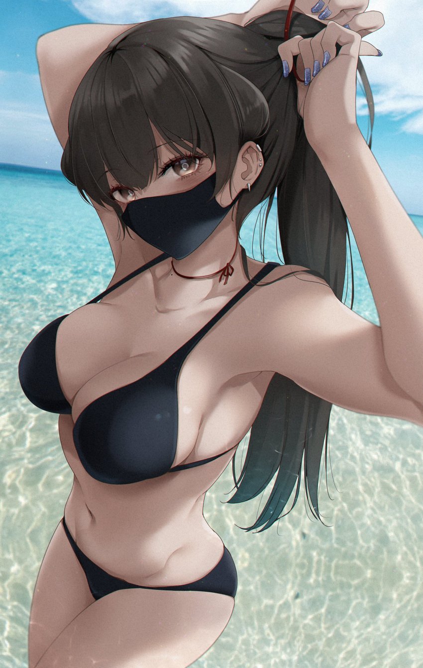 1girls absurdres arms_up bangs bikini black_bikini black_hair black_mask blue_nails breasts brown_eyes caustics cleavage day dutch_angle ear_piercing earrings eyebrows_visible_through_hair female film_grain foreshortening highres jewelry konata_(kankin_jk) long_hair looking_at_viewer mask medium_breasts mouth_mask nail_polish navel ocean outdoors photo_background piercing ponytail ryouma_(galley) solo standing story_of_a_manga_artist_confine_by_a_strange_high_school_girl swimsuit tying_hair water