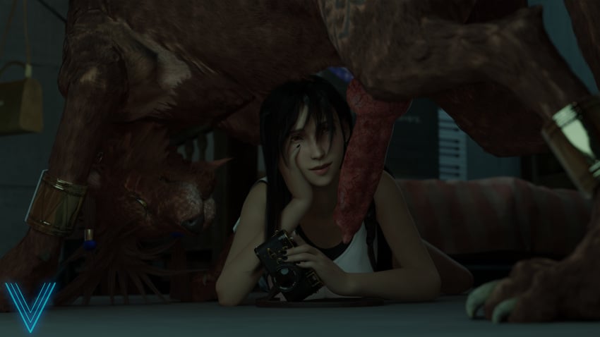 1boy 1girls 3d 3d_(artwork) animal animal_genitalia animal_penis canine canine_penis clothed dog_penis female final_fantasy final_fantasy_vii huge_cock interspecies knot knotted_penis long_hair male red_hair red_xiii the_vice_art tifa_lockhart veins veiny_penis very_long_hair yellow_eyes zoophilia