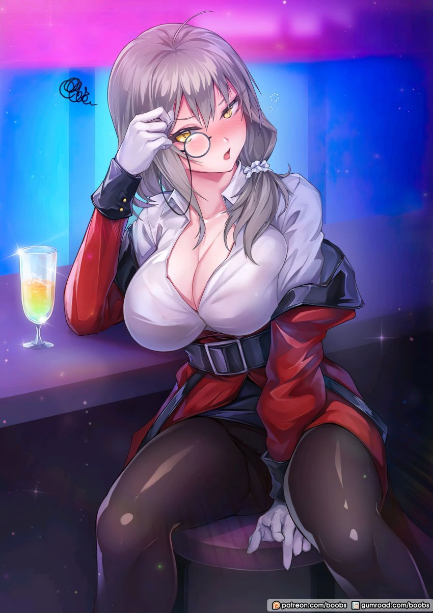 1girls bar blush breasts closed_eyes drunk girls'_frontline glass gloves grey_hair helianthus_(girls'_frontline) highres large_breasts military_uniform monocle nipples pantyhose pubic_hair pussy rebe11 red_coat uncensored