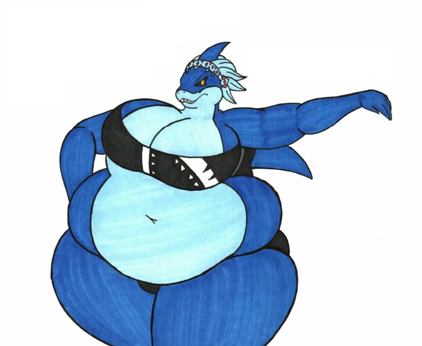 anthro bbw belly big_belly dobutsu_sentai_zyuohger doubutsu_sentai_zyuohger fat female female_only fish marine mizz-britt obese obese_anthro obese_female overweight overweight_anthro overweight_female sela_(doubutsu_sentai_zyuohger) shark solo super_sentai traditional_media_(artwork) weight_gain zyuoh_shark