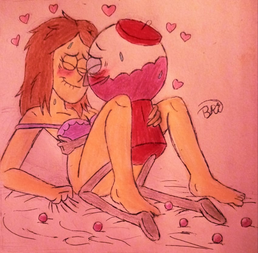 benson blush bottomless bra_strap brown_hair cartoon_network female_penetrated glasses gumball_machine gumballs human lying_on_bed male/female male_penetrating_female pam_(regular_show) sweat vaginal_penetration