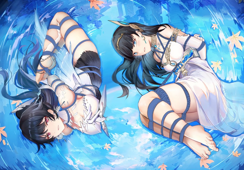 2girls arms_behind_back arms_tied arms_tied_behind_back bare_legs blue_eyes blue_rope bondage clothed clothed_female code:074 dark_hair female female_only fully_clothed hi_res high_resolution highres legs_tied legs_together lucia_(punishing:_gray_raven) lying lying_on_side punishing:_gray_raven red_eyes rope rope_bondage selena_(punishing:_gray_raven) tagme