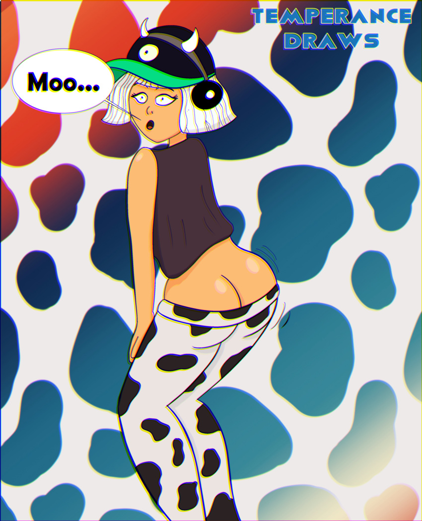 ass ass_shake aubrey_(worst_world) bent_over clothed clothing cow_girl cow_print cow_print_legwear dialogue hands_on_knees hat headphones hypnosis mind_control pants_down temperancedraws text text_bubble twerk_hypnosis twerking white_hair worst_world