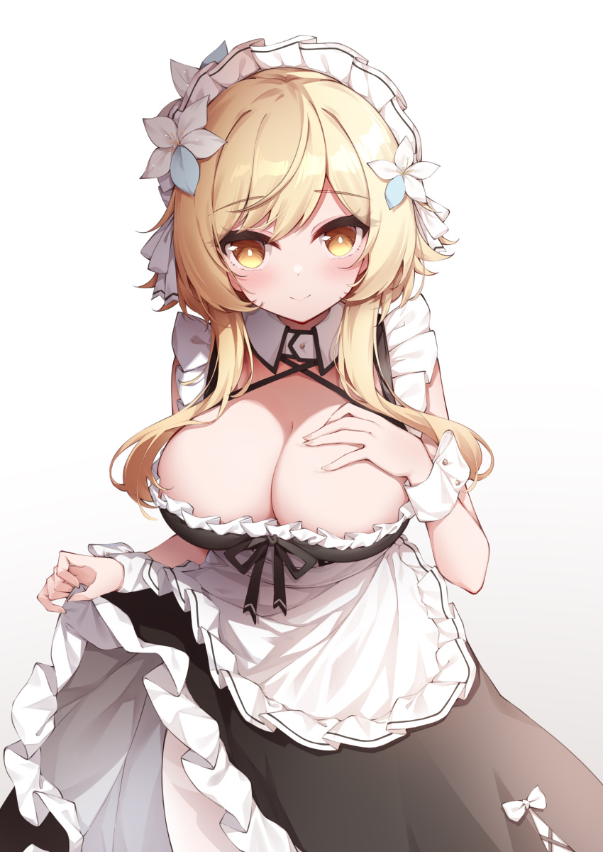 1girls absurd_res bangs big_breasts blonde_hair blonde_hair blush breasts cleavage female flower flower_in_hair genshin_impact hair_between_eyes hand_on_breast hi_res highres huge_breasts large_breasts leaning_forward long_hair looking_at_viewer lumine_(genshin_impact) maid maid_apron maid_dress maid_headdress maid_outfit maid_uniform nia_0703 plain_background short_hair simple_background skirt skirt_lift skirt_pull skirt_up smile solo white_background yellow_eyes yellow_hair