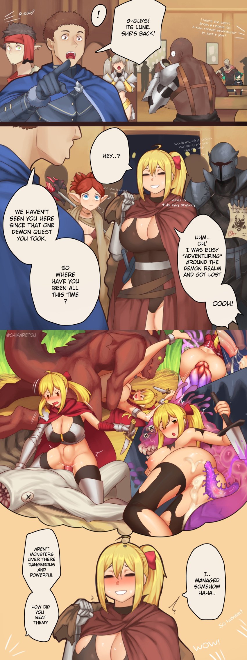 1girls after_sex after_vaginal big_breasts blonde_hair breasts chikaretsu cleavage closed_eyes comic cum cum_in_ass cum_in_pussy cum_inside death dialogue female_human grin guild hourglass_figure human lune_(chikaretsu) monster oc original original_character slime smile smiling speech_bubble sword vaginal_penetration wide_hips yellow_eyes