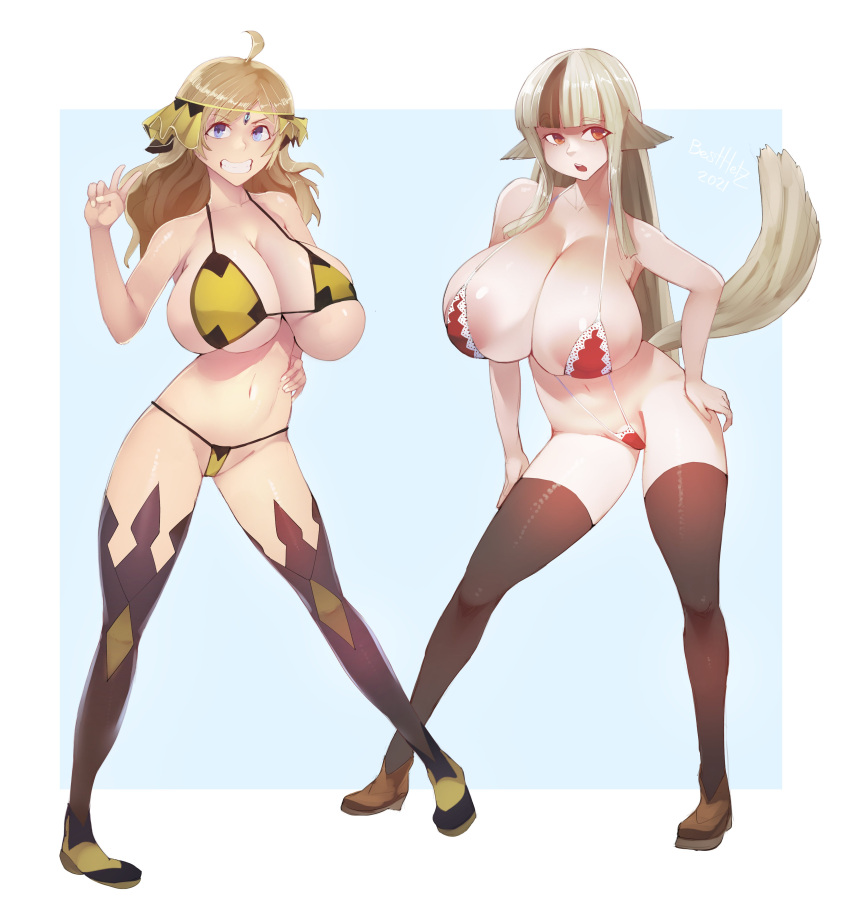 2girls absurdres ahoge alternate_costume areolae bangs bare_thighs besthetz bikini black_hair blonde_hair blue_eyes breasts cleavage female female_only fire_emblem fire_emblem_fates full_body gigantic_breasts grey_hair grin happy highres huge_breasts long_hair looking_at_viewer multicolored_hair multiple_girls nintendo open_mouth ophelia_(fire_emblem) orange_eyes panties raised_eyebrow red_bikini red_eyes red_panties red_swimsuit sideboob smile swimsuit thighhighs thighs two-tone_hair underboob v velouria_(fire_emblem) very_long_hair white_hair wolf_girl yellow_bikini yellow_panties yellow_swimsuit