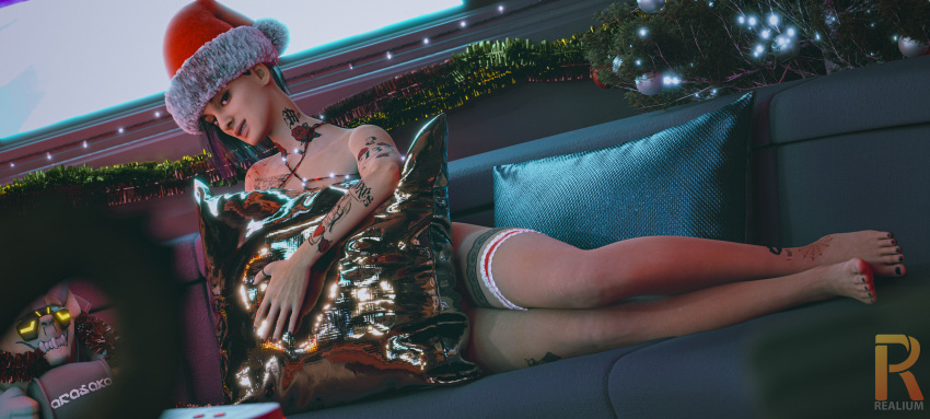 1girls 3d cd_projekt_red cgi christmas christmas_lights christmas_tree colored_hair couch cushion cyberpunk cyberpunk_2077 feet female female_only festive garter_belt judy_alvarez pillow santa_hat sofa solo tattoos